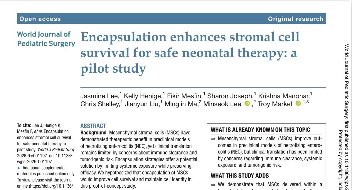 DrJasmine_MD's tweet photo. More excellent work published out of the @troymarkelmd lab! Time to think of stem cell delivery to neonates in a new way! @IU_PedSurg @WJPS_Official #NECresearch #stemcellresearch https://t.co/iW0jj3mvmi https://t.co/oOuXgo80Pa