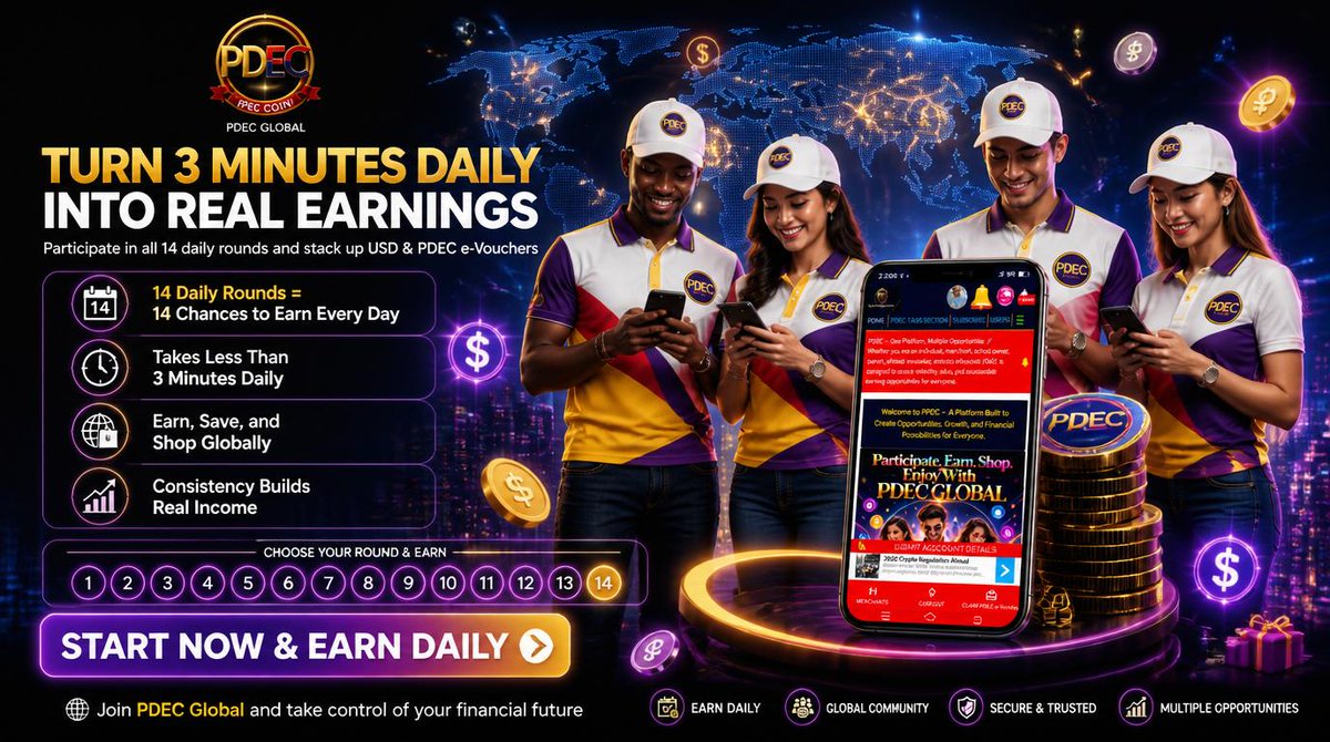 PDECoFFICIAL's tweet photo. Turn just 3 minutes a day into a consistent stream of earnings 💰

With PDEC Numbers Task, you get 14 daily rounds to earn USD &amp; PDEC e-Vouchers you can use to shop globally 🌍

No stress. Just be consistent.
 #EarnOnline #PassiveIncome  #MakeMoneyOnline #WorkSmart #FYP #Viral https://t.co/X2Qvw3lbU7