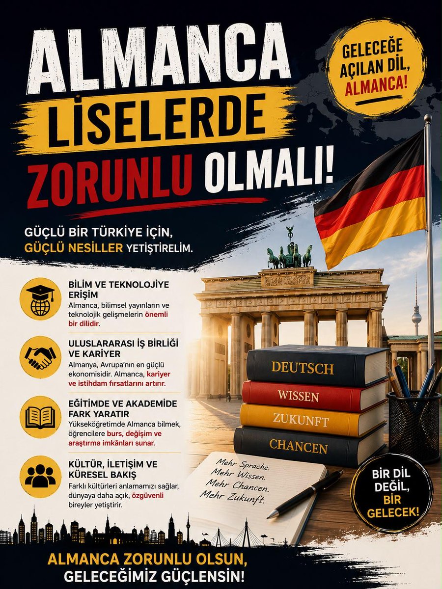 dinarman_03's tweet photo. Dil eğitimi dinamik olmalı. Liselerde Almanca'nın tekrar zorunlu ders havuzuna alınması, öğrencilerimize yeni akademik ve kariyer kapıları açacaktır. @mebtegm @cftcblnt @mebpgm @CihadDemirli @farukyelkenci @meb_ttkb @meb_ogm @Yusuf__Tekin @tcmeb 

 #AlmancaZorunluOlsun https://t.co/tcWgCEotVo