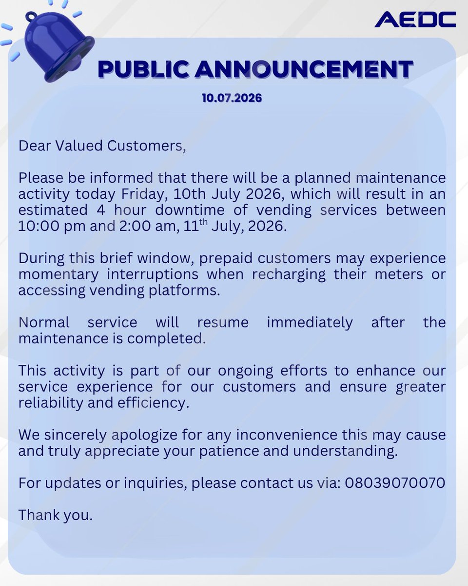 aedcelectricity's tweet photo. New Info Alert❗️
#CustomerNotice
#PowerofCommitment https://t.co/9TgiGmefX5