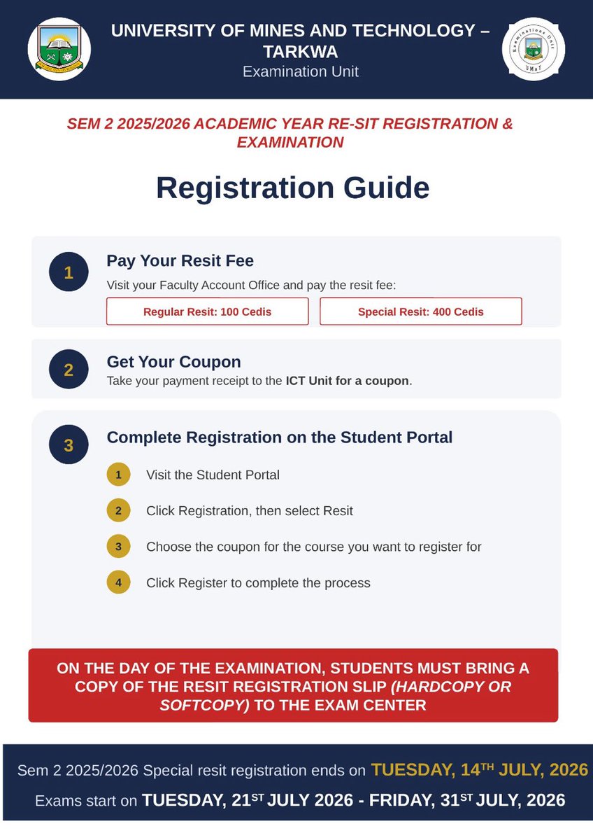 umatlive_'s tweet photo. 📍 ATTENTION STUDENTS 📍

 Resit registration is officially open. Please follow the outlined registration process and meet all deadlines. https://t.co/Dw89yiMAR2