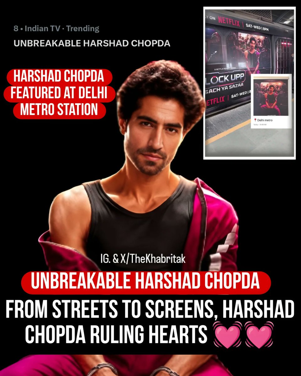 TheKhabriTak's tweet photo. Latest : UNBREAKABLE HARSHAD CHOPDA trends at Top 9 as the ITV king &amp; ruler of millions of hearts gets huge fan support 🔥🩷

#HarshadChopda the man featured at Delhi Metro 🤩

Comment - Your Opinion 
#Lockupp #Lockupp2 

Join - @TheKhabriTak for more https://t.co/Aw1xPgrZ2o