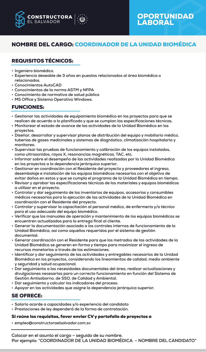 ConstructoraSV's tweet photo. ¡Únete a nuestro equipo! 🚀

Si eres Ingeniero Biomédico y cuentas con experiencia en el área, esta puede ser tu próxima oportunidad profesional.

📌 Vacante: Coordinador de la Unidad Biomédica
📩 Envía tu CV y portafolio de proyectos a: empleo@constructoraelsalvador.com.sv https://t.co/6R3fnSkYod