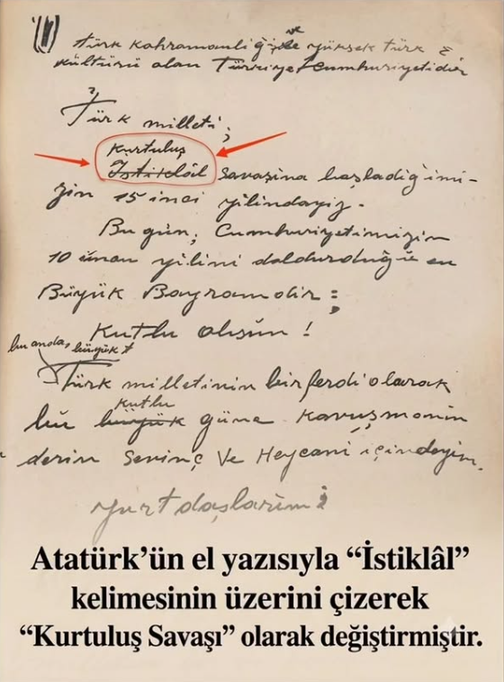 elesa013307's tweet photo. Mesajınızın sonunu "Tarihi olayları, siyasi kutuplaşmaların malzemesi yapmak yerine belgelerin ve gerçeklerin ışığında okumak..." şeklinde bağlamışsınız.
Kutuplaşmayı yaratanı görmezden gelmemeniz gerekirken bunu yazmayı ve Sn. Tekin'i savunmak adına kendinize yakıştırmışsınız ya helal olsun!
Üstelik tarihi gerçekleri eğip bükerek, yok 60 Darbesi yok bilmem neler katarak. Yazıklar olsun!
Tam da sırasıydı değil mi?
NATO toz dumanı altında ortalık biraz daha karışsın, biraz daha kutuplaşalım diye değil mi?

Mustafa Kemal, henüz Onuncu Yıl Nutku'nda “İstiklal Savaşı” ifadesini silmiş yerine “Kurtuluş Savaşı” kavramını eklemişti.
Neden değiştirdiğini de hepimiz biliyoruz.
Dilde özleşme adına birbirine eşit iki sözcükten Arapça olan İstiklâl sözcüğü yerine Türkçe olan Kurtulmak fiilinden türeyen Kurtuluş sözcüğünü yazmıştır. Ama Milli Mücadele yazmamış Zafer Bey! 

CHF Reisi Gazi Mustafa Kemal Paşa, Cumhuriyetin 10. Yıl Dönümü Törenlerinde. (29 Ekim 1933)

"Türk Milleti! Kurtuluş Savaşı'na başladığımızın on beşinci yılındayız. Bugün Cumhuriyetimizin onuncu yılını doldurduğu en büyük bayramdır. Kutlu olsun!

— Gazi Mustafa Kemal, 29 Ekim 1933"