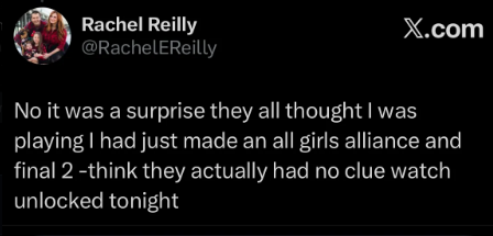 BBFeedsFairy's tweet photo. Rachel says she made an all girl alliance and a final 2 while in the house, they all thought she was actually playing #bb28 https://t.co/mhVodt58N7