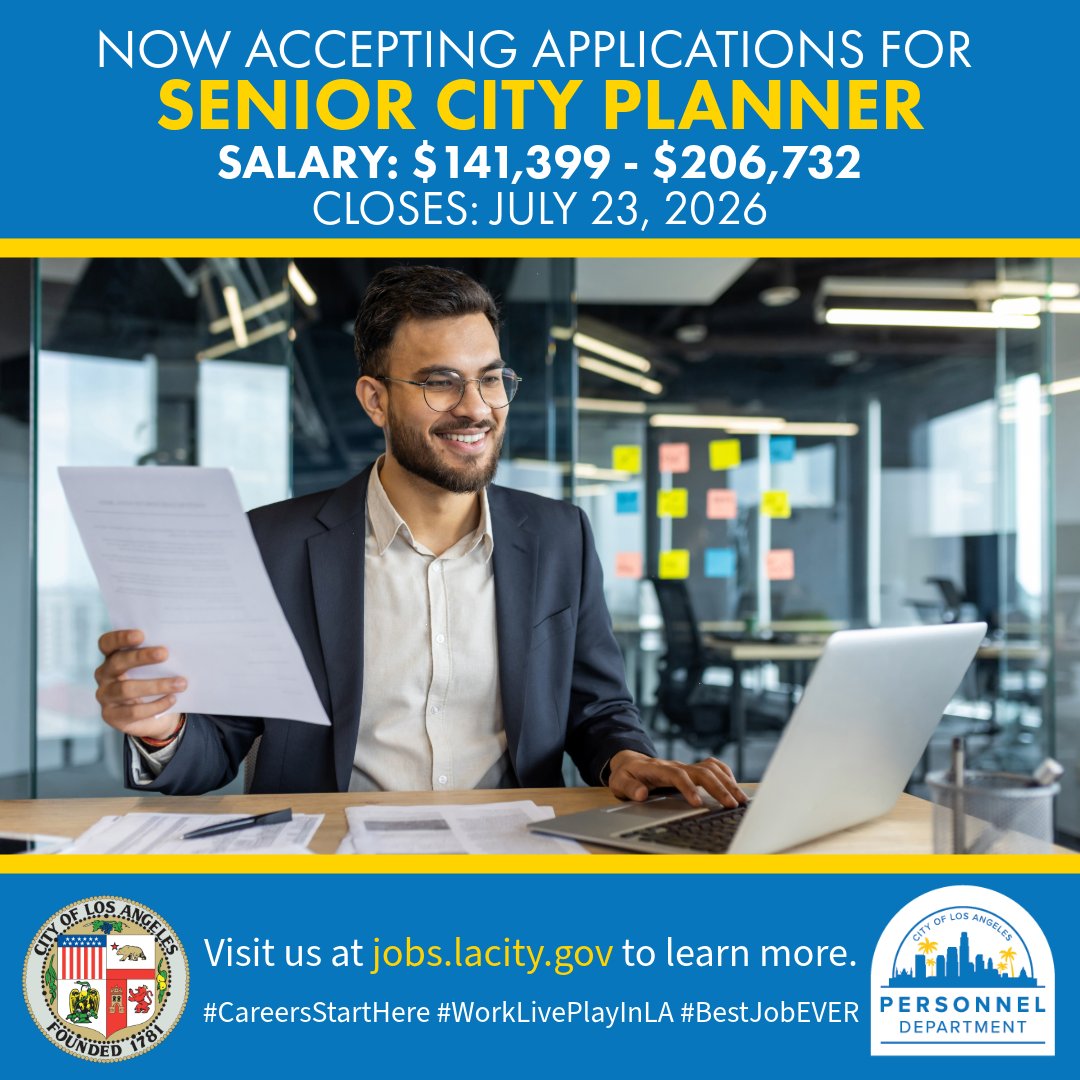 Citylajobs's tweet photo. The City of Los Angeles is now accepting applications for Senior City Planner! Salary: $141,399 - $206,732 - Closes: July 23, 2026 - Visit https://t.co/QbDGTVsVua for more information on this opportunity! #CareersStartHere #WorkLivePlayInLA #BestJobEVER https://t.co/trOW4RaTVY
