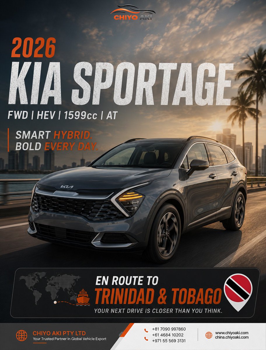 chiyoakihub's tweet photo. THE NEXT CHAPTER OF HYBRID DRIVING IS ON ITS WAY.
2026 KIA SPORTAGE FWD HEV | 1.6L HYBRID AT
๐ข EN ROUTE TO TRINIDAD & TOBAGO
#ChiyoAki #ChiyoAkiPtyLtd #KiaSportage #SportageHEV #HybridSUV #EnRoute #TrinidadAndTobago #Kia2026 #CarExport #RightHandDrive https://t.co/PbfeKVKGPU