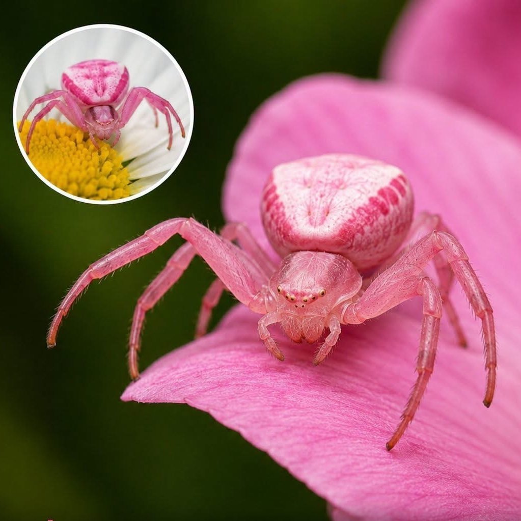 ScienceThing5's tweet photo. 🚨This is the Pink Crab Spider,
a master of camouflage!
It blends perfectly with pink flowers,
lying in wait to ambush unsuspecting
insects that come too close. https://t.co/63YiSmk5QG
