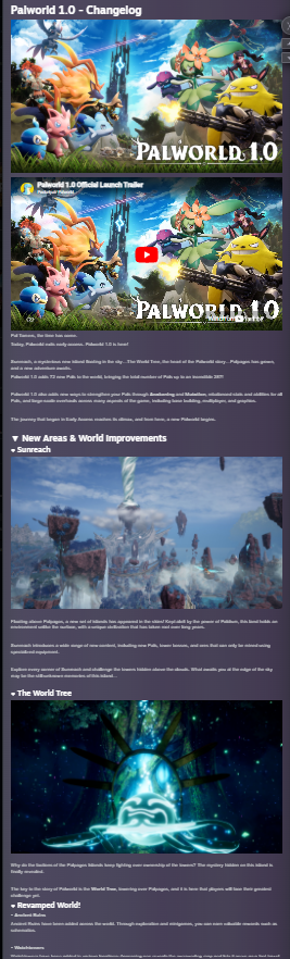 JakeSucky's tweet photo. Palworld 1.0 patch notes broke Steam's max character limit with over 40 pages and 10,000 words

They weren't playing around😭 https://t.co/JnCRwW5W61