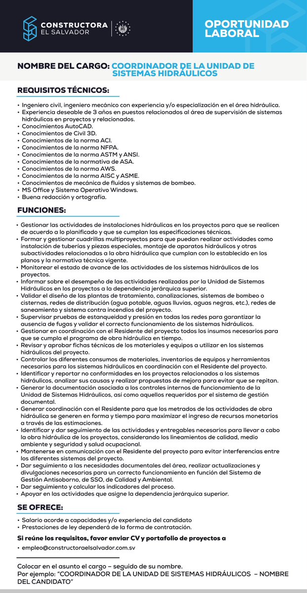 ConstructoraSV's tweet photo. 🚧 ¿Tienes experiencia en sistemas hidráulicos y gestión de proyectos?

Si cumples con el perfil, envía tu CV y portafolio de proyectos a:
📩 empleo@constructoraelsalvador.com.sv https://t.co/AGDNfPaPep