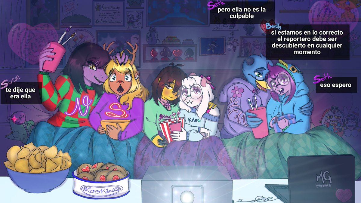 Maomig_UwU's tweet photo. 💖NOCHE DE PELICULAS!❤️
Con pijamas a juego,  escondí muchas cosas en el fondo 💖
#suselle #kralsei #sethdly 
(Por cierto a Toriel no le gustó la idea de dejar a 6 adolecentes solos, así que los está vigilando con una camara oculta)
#deltarunefanart https://t.co/K96ACp4b6M