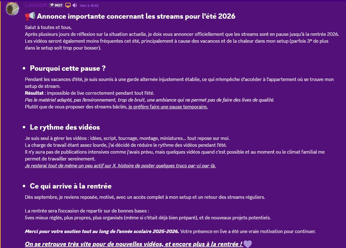 Lolo26DIR's tweet photo. Hello à tous,
Pour ceux qui n’avaient pas vu l’annonce sur Discord, je la partage ici pour ceux qui veulent être au courant de ma pause. https://t.co/Dzc6IgkxzP