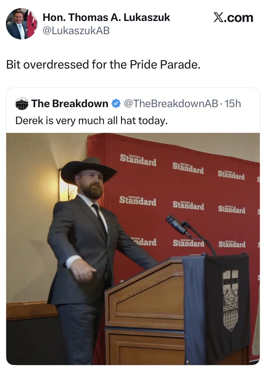 JasonLavigneAB's tweet photo. Wow.

Instead of taking up the offer to debate Derek, Thomas Lukaszuk is showing his true colours by suggesting Derek should take his clothes off and participate in a Pride parade.

This is borderline homophobia to use the pride community as the butt of his distasteful joke. https://t.co/C6TB8LZkSD