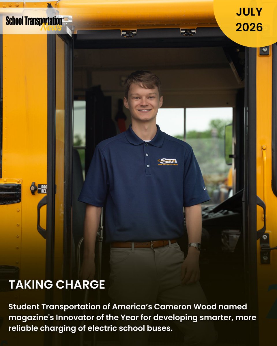 STNMagazine's tweet photo. Cameron Wood, the lead electric vehicle performance analyst for @RideSTBus is this year’s STN Innovator of the Year. At only 26 years old, Wood is credited with developing a patent-pending program to help electric school buses charge smarter. 

Read the full feature "Taking Charge" ➡️  https://t.co/Z1i4JLiQUZ 

#FeatureFriday