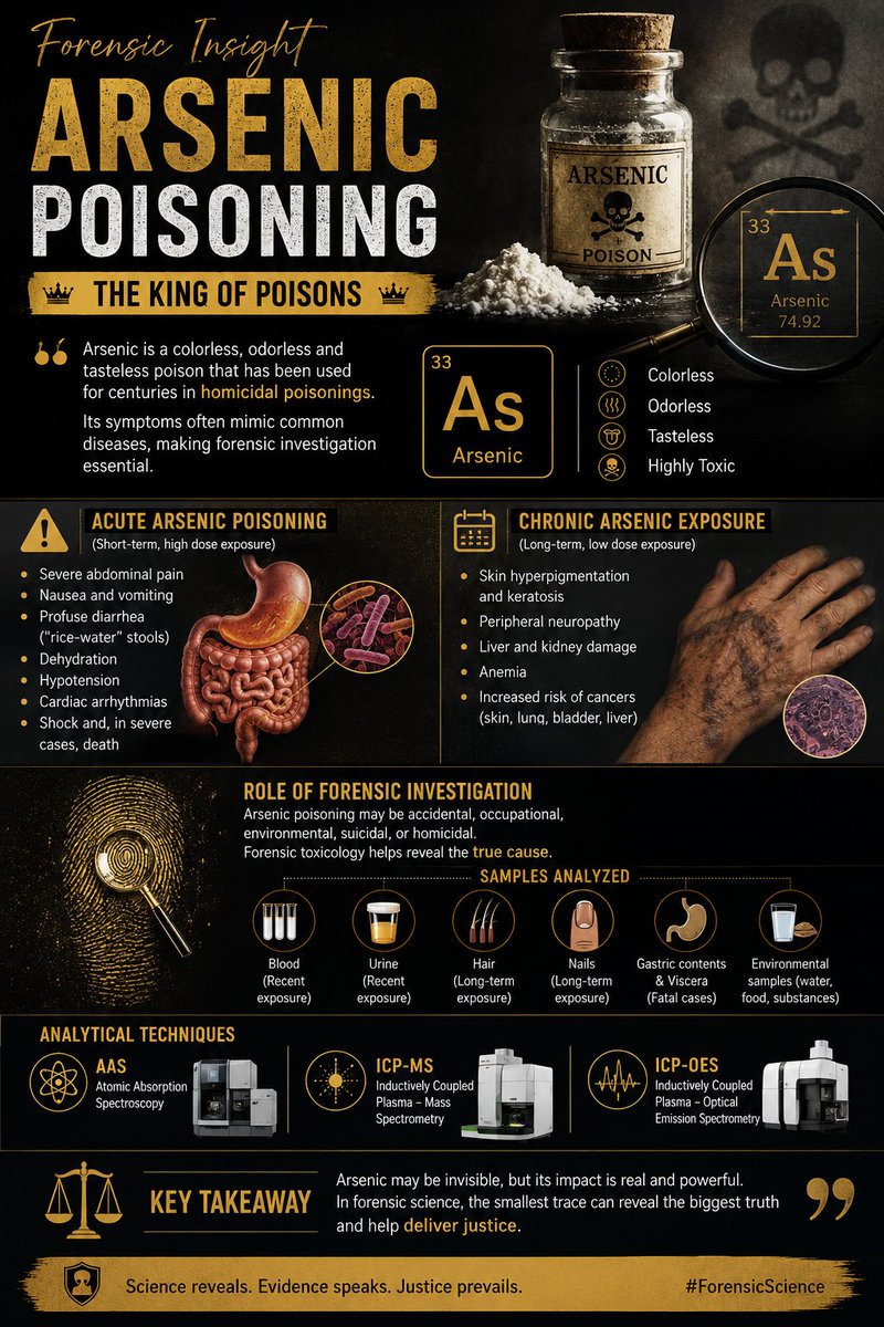 forensicshriya's tweet photo. ☠️ Arsenic: The "King of Poisons."
Colorless, odorless, and nearly tasteless, it can mimic common illnesses, making forensic toxicology essential to uncover the truth.
#ForensicScience #Arsenic #ForensicToxicology #Poisoning https://t.co/2fqz4pRuAJ
