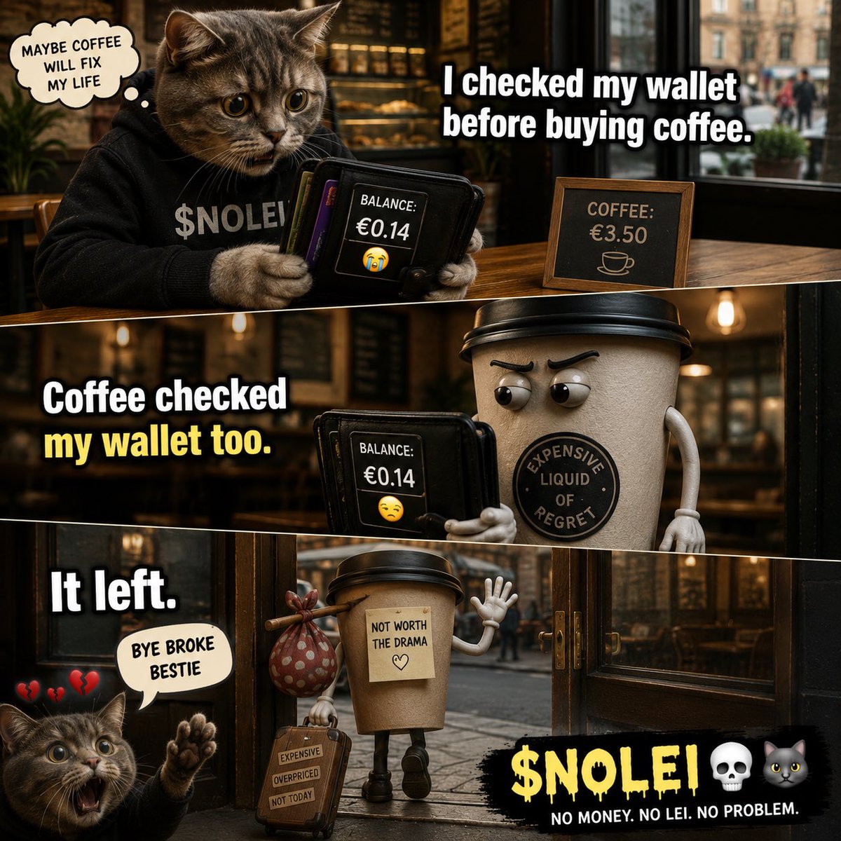 NoLeiLeft's tweet photo. I checked my wallet before buying coffee.

Coffee checked my wallet too.

It left.

$NOLEI ☠️🐈 https://t.co/YNFrCBbXYR