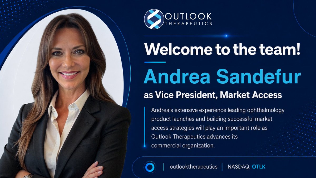 OutlookTx's tweet photo. Outlook Therapeutics welcomes Andrea Sandefur to the team as Vice President, Market Access.

She brings more than 28 years of leadership experience across biotechnology and specialty pharmaceuticals, with deep expertise in ophthalmology commercialization.

$OTLK #Ophthalmology https://t.co/iysBQZjQfk