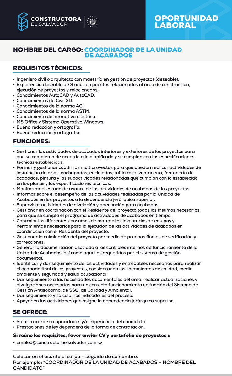 ConstructoraSV's tweet photo. ¿Buscas un nuevo reto profesional?

En Constructora El Salvador estamos en la búsqueda de un Coordinador de la Unidad de Acabados para formar parte de nuestro equipo.

📩 Envía tu CV y portafolio de proyectos a: empleo@constructoraelsalvador.com.sv https://t.co/xZwzRAEt3A