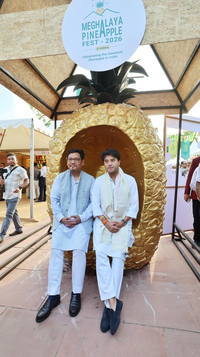 JM_Scindia's tweet photo. From the hills of Meghalaya to the Haat of Dilli…! 🍍

Delighted to inaugurate the Meghalaya Pineapple Festival today along with my dear friend and Hon'ble Chief Minister of Meghalaya, Shri @SangmaConrad ji.

I urge everyone to visit this vibrant festival celebrating the resilience, enterprise and spirit of Meghalaya’s farmers.

Come and savour the world-renowned GI-tagged Kew Pineapple!

📍 Dilli Haat, INA
🗓️ 10–12 July 2026