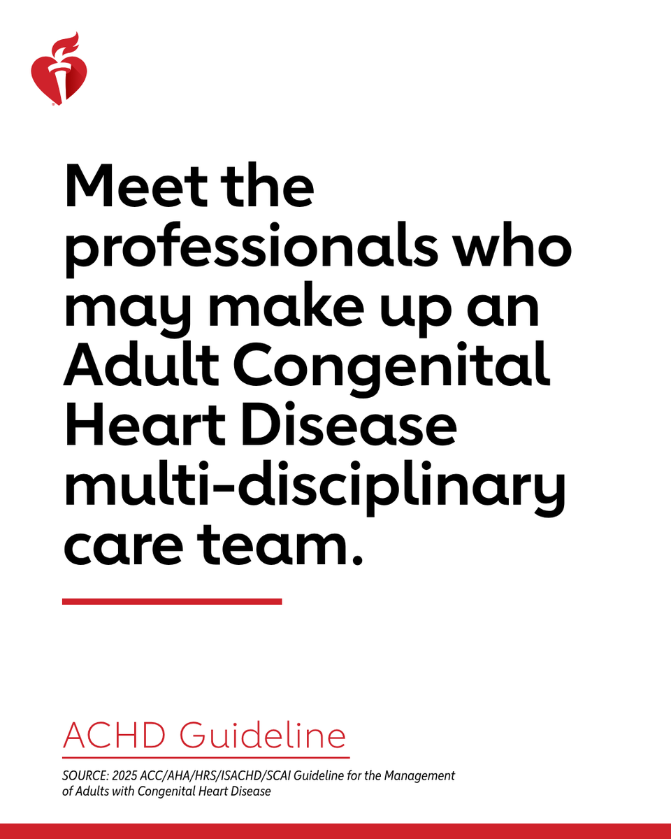 American_Heart's tweet photo. An adult congenital heart disease (ACHD) care team is an all-star group of multidisciplinary health care specialists designed to match each person’s unique heart and health needs. Here’s what a typical team might look like. https://t.co/1yUevoUuW8