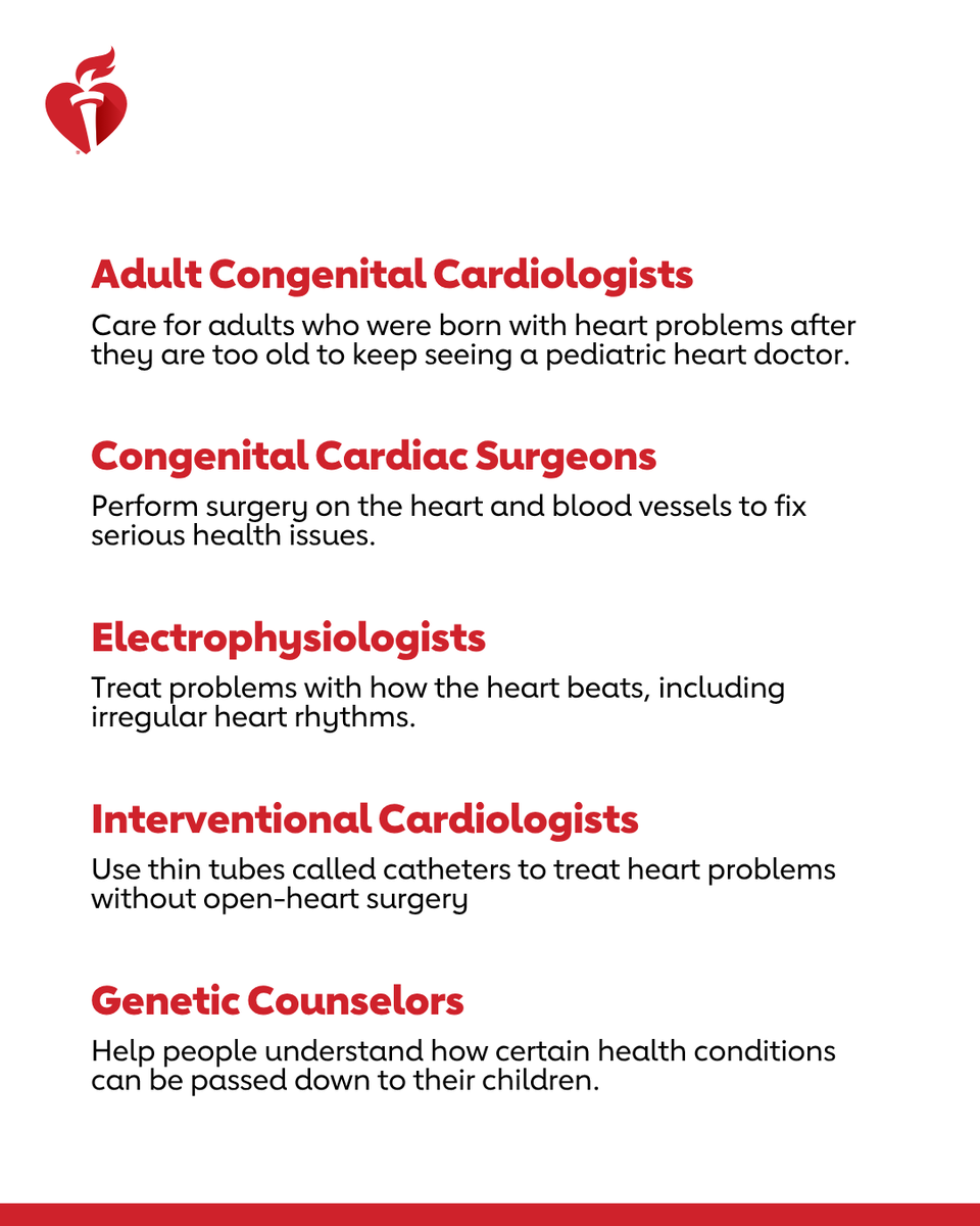 American_Heart's tweet photo. An adult congenital heart disease (ACHD) care team is an all-star group of multidisciplinary health care specialists designed to match each person’s unique heart and health needs. Here’s what a typical team might look like. https://t.co/1yUevoUuW8