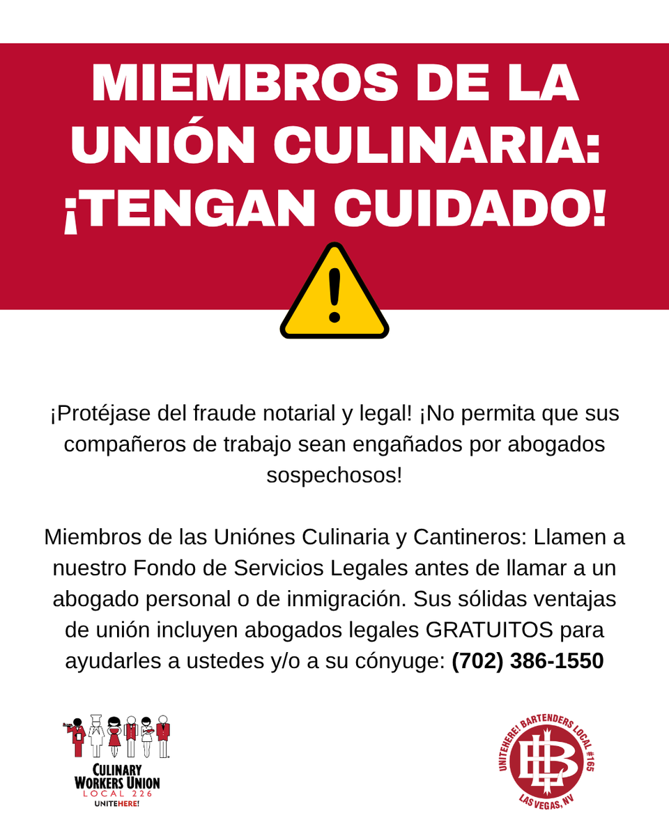 Culinary226's tweet photo. Protect yourself from notario &amp; lawyer fraud! Culinary Union members call our Legal Services Fund FIRST before calling a personal or immigration attorney. Union benefits include FREE legal attorneys to help you and/or your spouse: 🔗 Legal Service Fund: https://t.co/p01iQtCNpX https://t.co/p10bcACByS