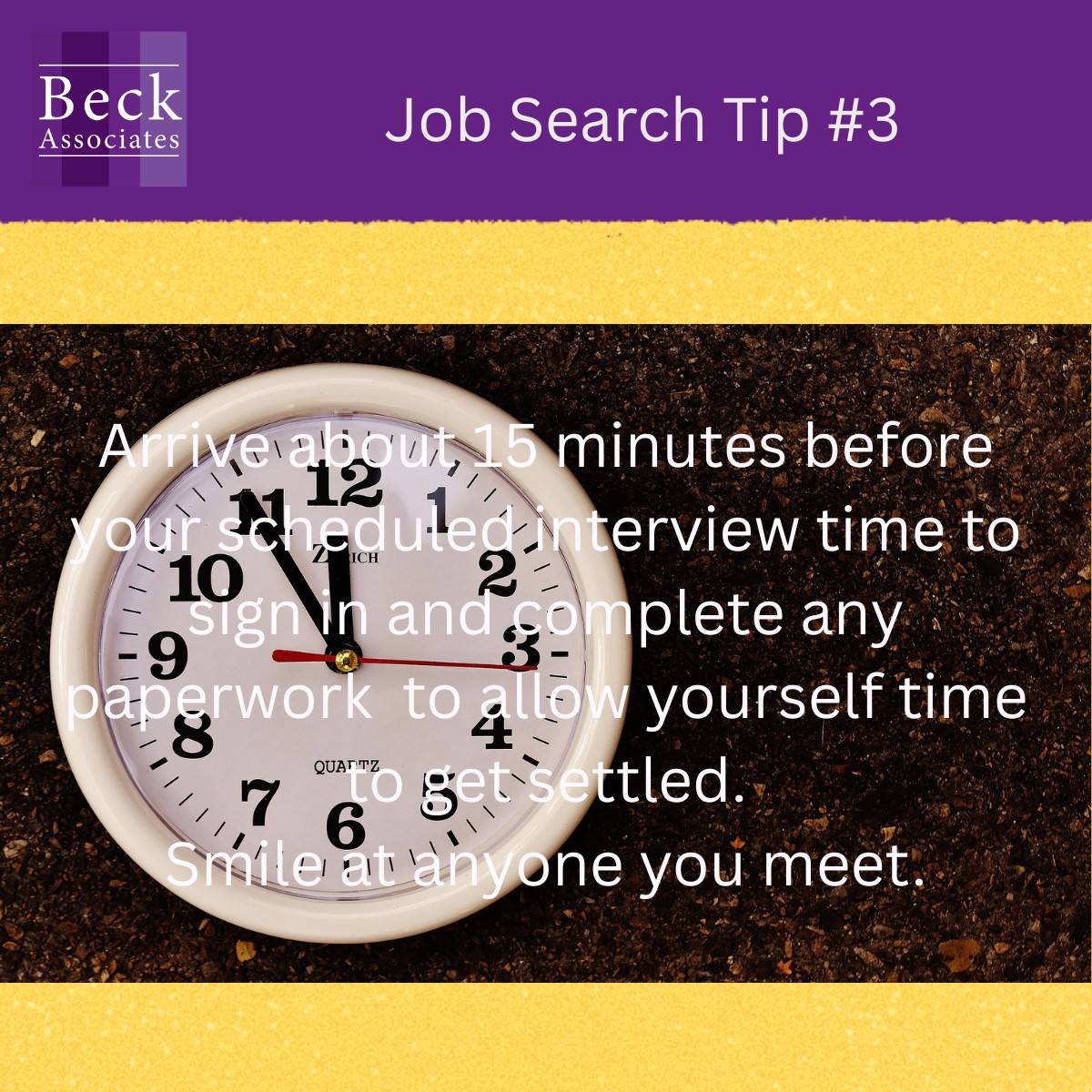 beck_associates's tweet photo. When attending an interview arrive about 15 minutes before your scheduled interview time to sign in and complete any other paperwork ie passes . This will give you time to get settled before your interview

Smile at everyone you meet and whoever greets you give good eye contact https://t.co/zNtpBON5gO