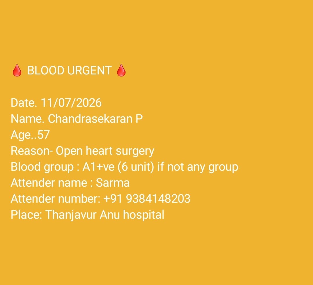 wanderjay06's tweet photo. ⚠️ BLOOD REQUIRED ⚠️

Location: #Thanjavur, Tamil Nadu

@BloodDonorsIn @United_Tanjore @UpdatesTanjore @Updatestrichy2 @TrichyTreasures https://t.co/qI792Ikvkg