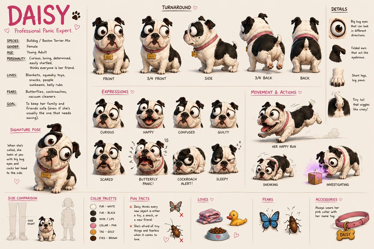 OfarrowTheGreat's tweet photo. Meet Daisy. 
A goofy bulldog terrier mix.
She gets into every thing but her big bug eyes make it hard to get mad at her. 

Based on my own dog (Daisy). Lets see which model will animate her movements the best... https://t.co/ITWOzu7mYj
