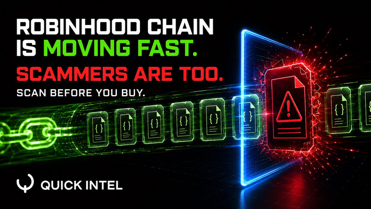 quickintel_ai's tweet photo. Robinhood Chain is moving fast.

So are the scammers.

The worst contract won’t look like a scam before you buy. It’ll look like the next token everyone is rushing into.

Before FOMO wins:

→ Paste the contract into Quick Intel
→ Catch honeypots and hidden mint functions
→ Check taxes and owner controls
→ Know what you’re buying

Free. No wallet. No signup. No paywall.

Scan before you buy.