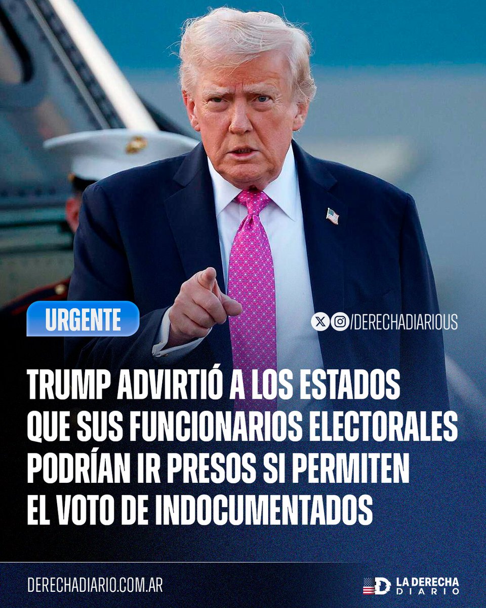 DerechaDiarioUS's tweet photo. 🚨🇺🇸 | LÓGICA PURA: El Departamento de Justicia de Trump advirtió a los 50 estados que sus funcionarios electorales podrían ir presos si permiten deliberadamente que inmigrantes indocumentados voten en las próximas elecciones.

Además, les dio un plazo de cinco días para explicar cómo cumplirán las leyes federales, exigió que depuren los padrones y anunció el envío de observadores electorales a los distritos donde se detectaron irregularidades.