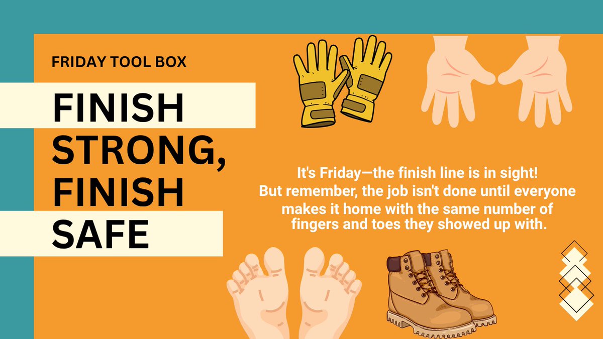 CompTrustAGC's tweet photo. Don't let "weekend mode" take over too early. Stay focused, work smart, & save the risky decisions for choosing what's for dinner. 🍔🌮
Finish strong. Finish safe. The weekend will still be there in an hour.
#FridaySafety #SafetyFirst #ConstructionSafety #WorkSafe #ToolboxTalk https://t.co/CvahrggqMq