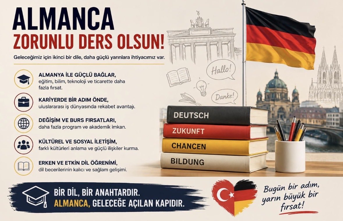 uurlu4544's tweet photo. Almanca; bilim, teknoloji ve mühendislik alanlarında dünyanın en güçlü dillerinden biridir. Öğrencilerimizin bu birikime ulaşabilmesi için liselerde yeniden ortak ders olarak okutulmalıdır.
@Yusuf__Tekin @tcmeb @cengizmete @meb_ogm
#AlmancaZorunluOlsun https://t.co/9n4sUIQ40m