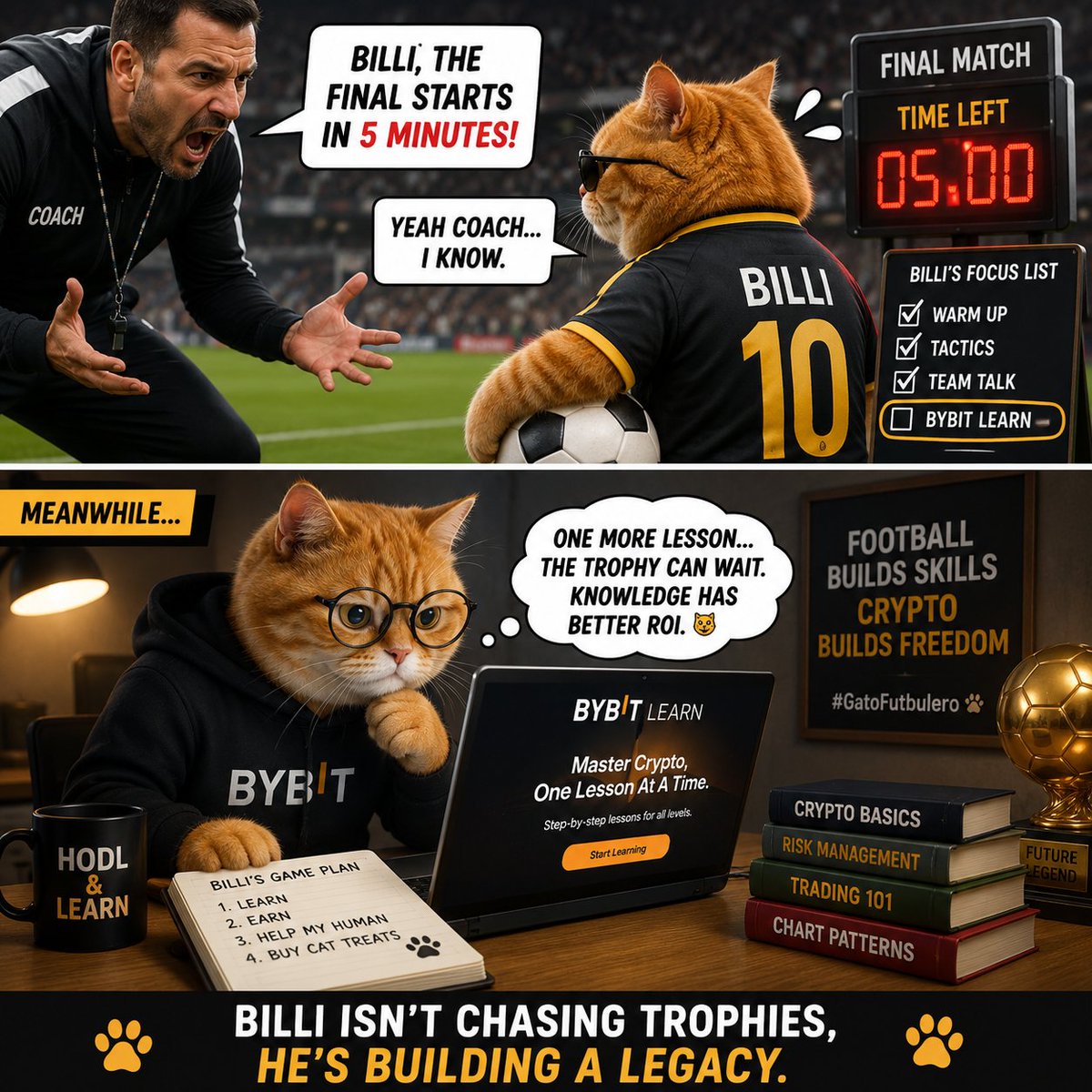 singh93239's tweet photo. Coach: "The final starts in 5 minutes!" ⚽😤 Billi: "Relax... goals can wait, knowledge can't." 😼📚 
One more Bybit Learn lesson today, then I'll come back and dribble both defenders and the bear market. Legends aren't made in 90 minutes they're built one lesson at a time. 🚀🐾 #GatoFutbulero #Bybit @Bybit_Official