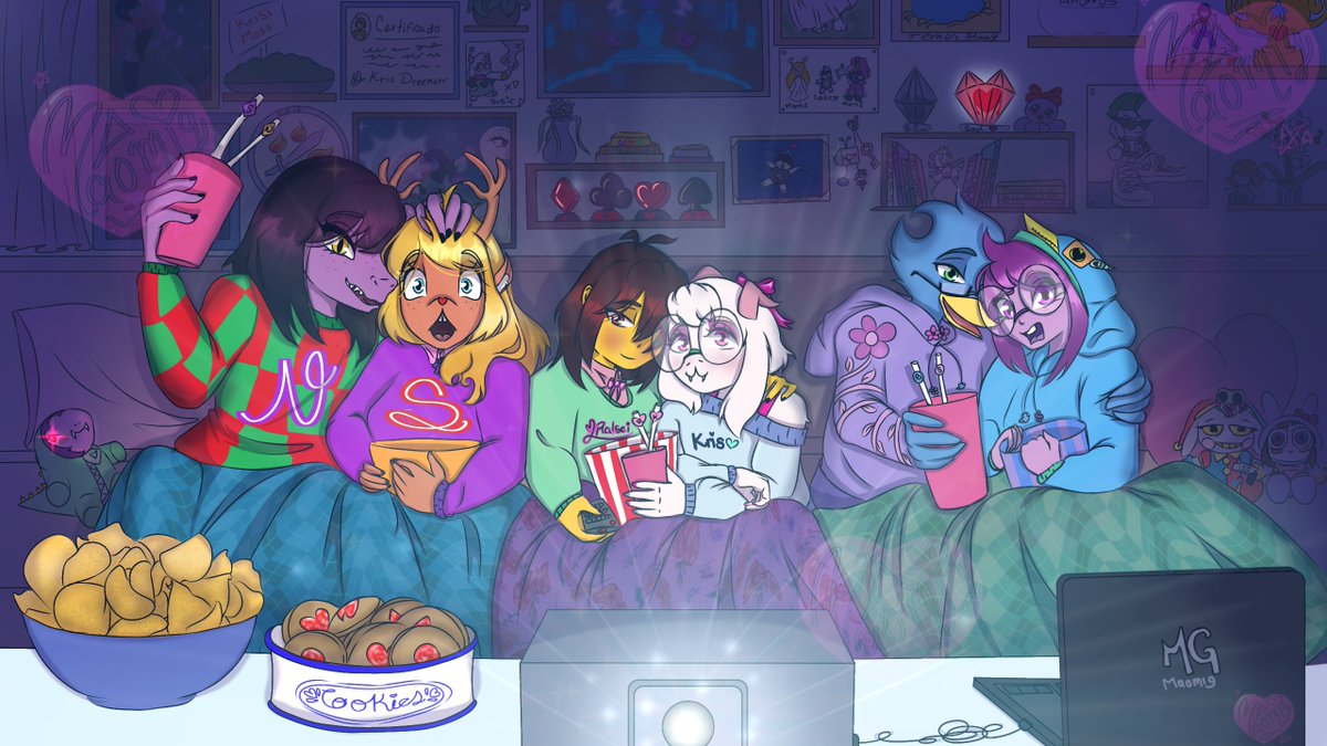 Maomig_UwU's tweet photo. MOVIE NIGHT!
Wearing matching pajamas, I hid lots of things in the background 💖
#suselle #kralsei #sethdly #deltarunefanartㅤㅤㅤㅤ
(English version and without text version) https://t.co/VQIVm2wyxh