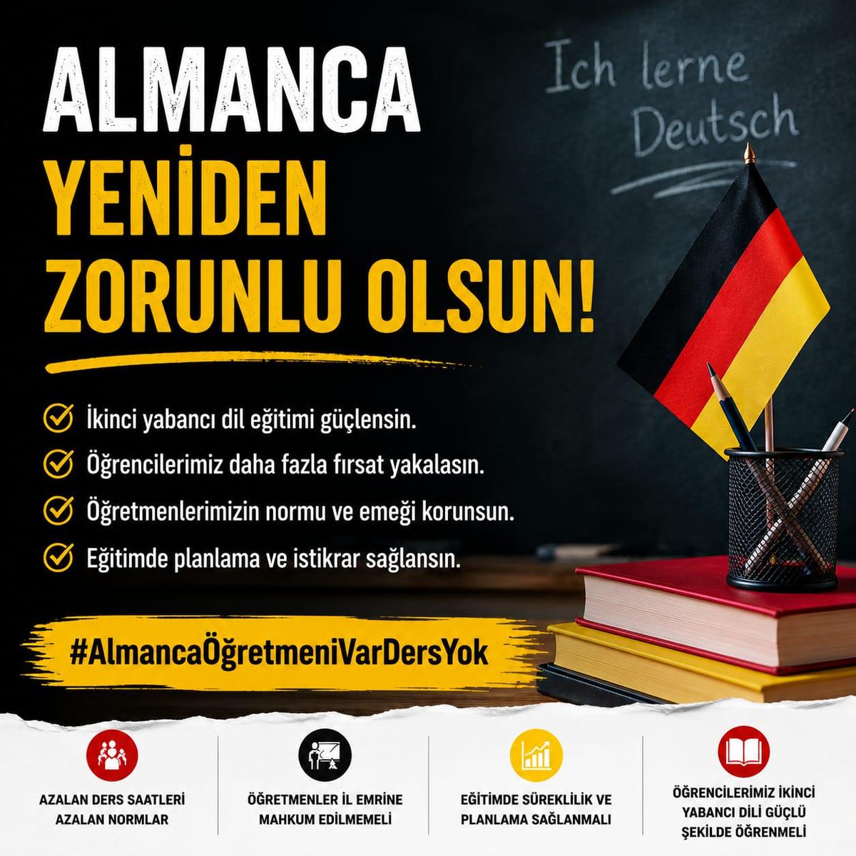 dilse_55's tweet photo. Gelişmiş ülkelerde bir çok yabancı dil eğitimi verilirken bizim ülkemizde Almanca dersi seçmeli olması nedeniyle birçok öğrenci bu imkândan yararlanamıyor.  Almanca yeniden zorunlu ders olmalıdır.

#AlmancaZorunluOlsun https://t.co/bqKgoiT2Sz
