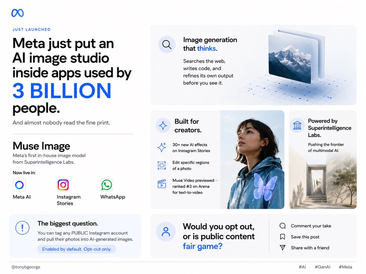 tonybgeorge's tweet photo. Meta just launched Muse Image — its first in-house AI image model.

Live inside Instagram, WhatsApp &amp; Meta AI. 3 billion users. Day one.

The wild part: anyone can tag your public IG account and use your photos in AI images.

On by default. Opt-out only. https://t.co/ehDbHBIXeN