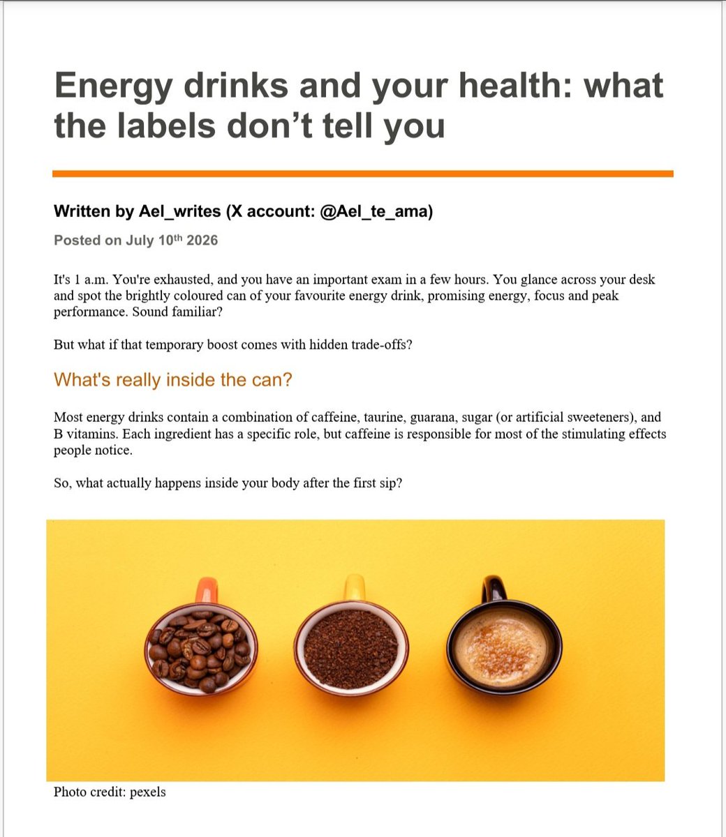 Ael_te_ama's tweet photo. Pause! Before you crack open your next energy drink⚡️, read this.
Energy drinks don't create energy—they borrow it. Here's what the labels don't tell you. 👇🧵
#HealthEducation #EnergyDrinks #Nutrition #PublicHealth #ScienceCommunication #MedicalStudent #writers #Ghostwriter https://t.co/XQkoZJKB8l