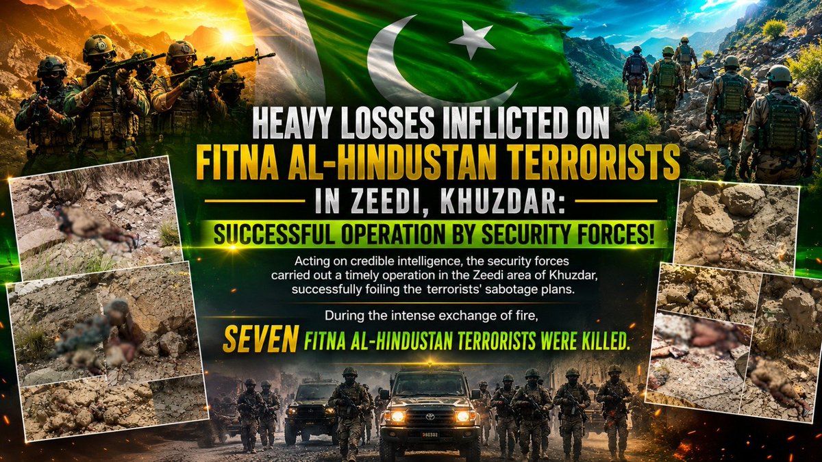 Nadar_buzdar's tweet photo. 🚨 Breaking: Security forces successfully foiled a terrorist sabotage attempt in Zeedi, Khuzdar. Acting on credible intelligence, seven Fitna al-Hindustan terrorists were killed during a successful operation.
#Khuzdar #Zeedi #SecurityForces #CounterTerrorism #Balochistan https://t.co/wHlBCN88yo