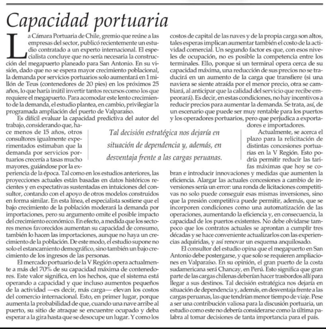 JuanCaMunozA's tweet photo. Coincido con esta editorial respecto del Puerto Exterior. El desarrollo económico del país requiere de esta expansión portuaria, más allá de la optimización de la oferta vigente en Valpo y San Antonio. Un proyecto que toma décadas en soñar, planear, evaluar, licitar, construir. https://t.co/s2m3kIhmHX