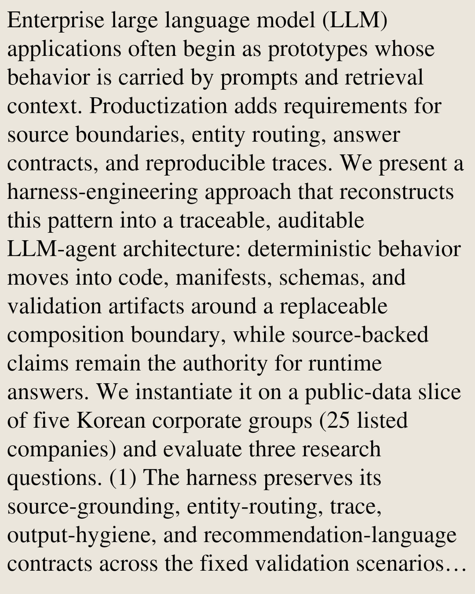 Abstract excerpt from "From Prompts to Contracts" describing source boundaries, entity routing, answer contracts, and reproducible traces for enterprise LLM agents