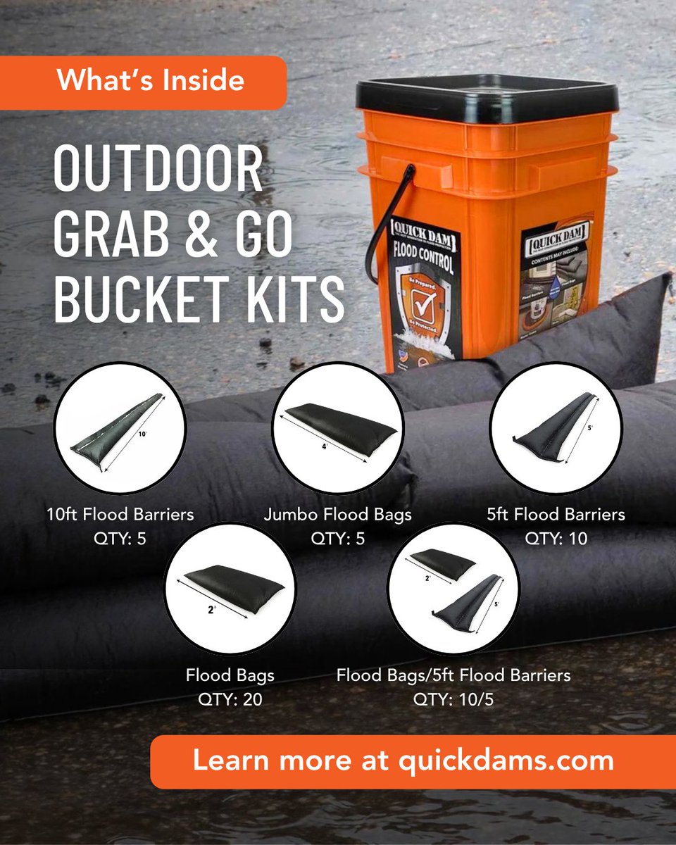 QUICKDAM's tweet photo. What’s in the bucket? 5 different combos, each packed with flood protection must-haves. From Flood Barriers to Jumbo Flood Bags, you pick what works for your space.
Tap to see all options: https://t.co/W5fwbGNRzh
#QuickDam #FloodProtection #StormPrep #BucketFromPawtucket https://t.co/d1gum5KO9R