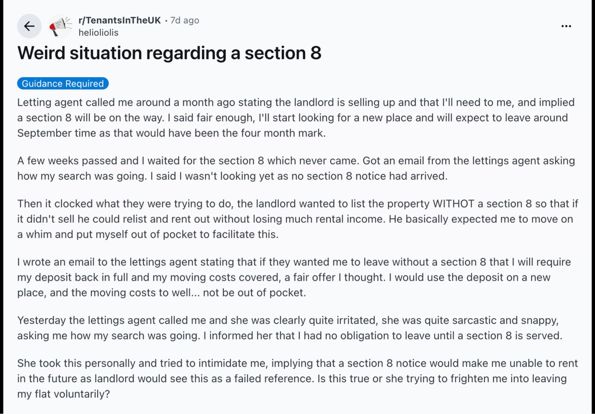 genrentuk's tweet photo. Letting agents are bullying tenants into leaving without serving a Section 8 notice, even claiming an eviction for sale counts against them for future rentals. 

It could cost the agent a £7,000 fine.

Read more: 
https://t.co/T3PhRTpstc https://t.co/q3gtLPdy6o