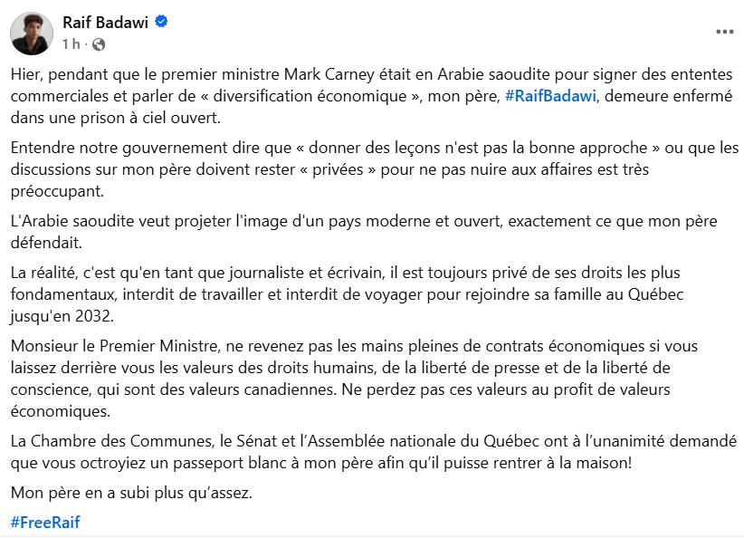 hassinhadi's tweet photo. 🚨 Le fils de Raif Badawi, @TiradRaifBadawi, lance un appel au premier ministre canadien @MarkJCarney, actuellement en Arabie saoudite dans le cadre d'une mission économique. Tirad Badawi demande à Mark Carney de faire passer les droits humains avant les intérêts économiques et de permettre le retour de son père au Canada.