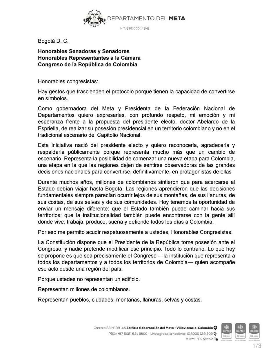 RafaelaCortesZ's tweet photo. Como presidenta de la @FNDCol respaldo la iniciativa del presidente electo, doctor @ABDELAESPRIELLA, de realizar su posesión en una región del país y he puesto a disposición la Base Aérea de Apiay, convencida de que cualquier territorio que sea elegido representará un homenaje a las regiones, a nuestra Fuerza Pública y a millones de colombianos que durante años esperaron sentirse más cerca del Estado.

Los congresistas representan a los territorios antes que a un edificio. Por eso hoy los invito a acompañar una decisión que puede convertirse en uno de los símbolos más poderosos del nuevo comienzo de Colombia.

Comparto la carta que he dirigido al Congreso de la República.