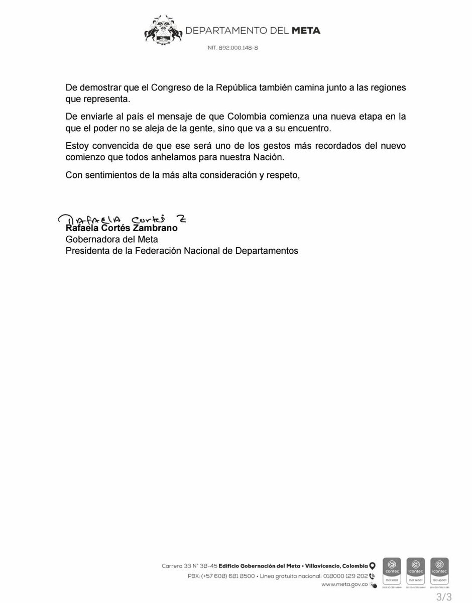 RafaelaCortesZ's tweet photo. Como presidenta de la @FNDCol respaldo la iniciativa del presidente electo, doctor @ABDELAESPRIELLA, de realizar su posesión en una región del país y he puesto a disposición la Base Aérea de Apiay, convencida de que cualquier territorio que sea elegido representará un homenaje a las regiones, a nuestra Fuerza Pública y a millones de colombianos que durante años esperaron sentirse más cerca del Estado.

Los congresistas representan a los territorios antes que a un edificio. Por eso hoy los invito a acompañar una decisión que puede convertirse en uno de los símbolos más poderosos del nuevo comienzo de Colombia.

Comparto la carta que he dirigido al Congreso de la República.