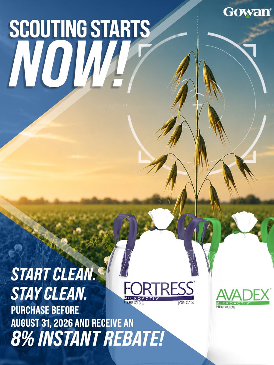 gowancanada's tweet photo. Wild oats are easy to spot this time of year and the fields you scout today can reveal tomorrow’s biggest weed management challenges. 

Avadex® MicroActiv and Fortress® MicroActiv help target wild oats before they emerge while adding an additional mode of action to support stronger resistance management.

Start Clean. Stay Clean.

Purchase before August 31, 2026 and receive an 8% Instant Rebate.