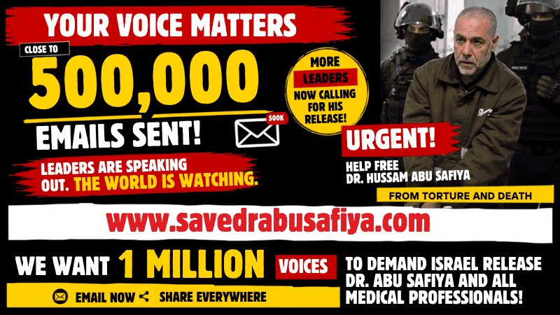 JusticeWordsOrg's tweet photo. @FranceskAlbs Thank you for never giving up on justice for Palestinians. Your voice has given hope to so many people around the world. More than 500,000 people have now emailed world leaders, urging them to pressure Israel to #FreeDrHussamAbuSafiya and all detained Palestinian healthcare workers. 
We won't stop until they're free.
https://t.co/nsqtLH4R9N