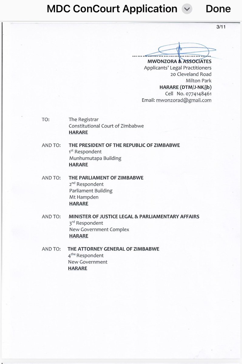 MacBelts's tweet photo. After confirming with @DMwonzora the earlier post which contained an application challenging the signing of CAB3 into law without ED referring the bill to a referendum, I can authoritatively say that the document doing the rounds contains an error which was rectified before the actual filing was done. The document makes reference to a response being launched in the High Court within 10 days and yet it was supposed to say the Constitutional Court. Attached is the actual application that was filed @Va_Gotora