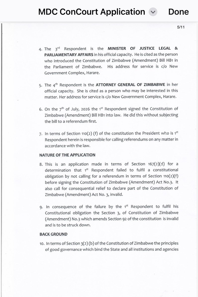 MacBelts's tweet photo. After confirming with @DMwonzora the earlier post which contained an application challenging the signing of CAB3 into law without ED referring the bill to a referendum, I can authoritatively say that the document doing the rounds contains an error which was rectified before the actual filing was done. The document makes reference to a response being launched in the High Court within 10 days and yet it was supposed to say the Constitutional Court. Attached is the actual application that was filed @Va_Gotora